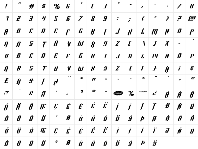 The Immortal Expanded Italic Expanded  glyph index
