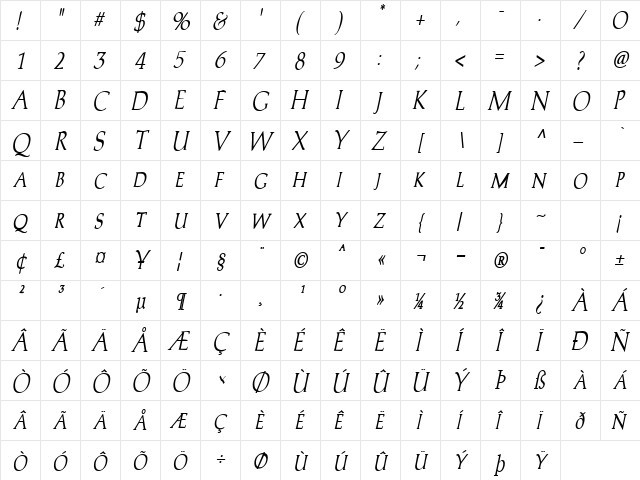 Trajans-Caps-Condensed Bold Italic  glyph index