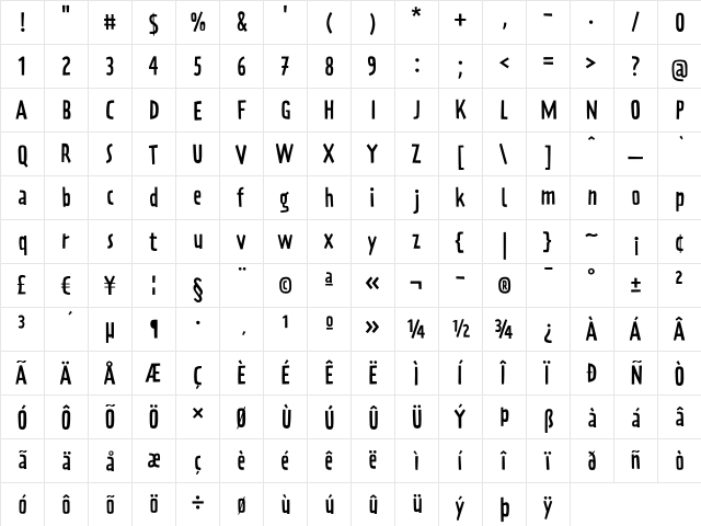 PraterBlockOne-Fill Regular  glyph index