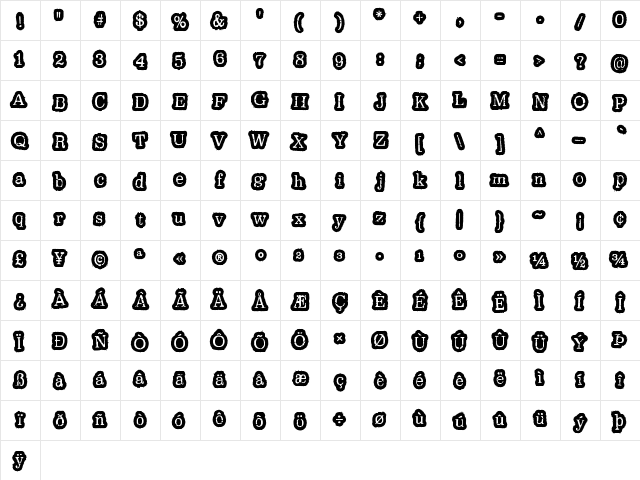 Oxeran Z  glyph index
