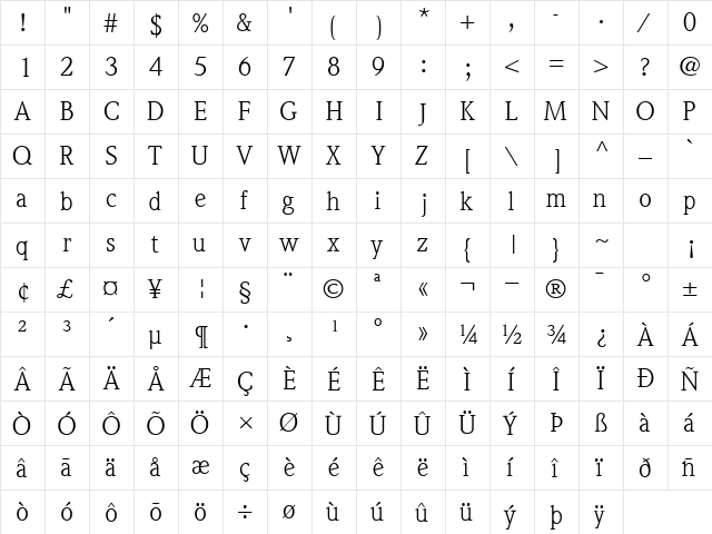QuintessenceSSK Regular  glyph index