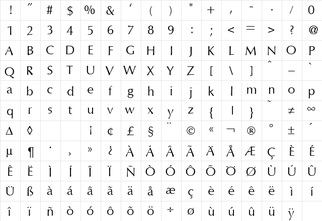 OpusTwo Regular  glyph index