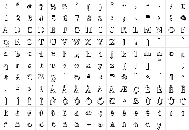 BrandonBeckerShadow Bold  glyph index