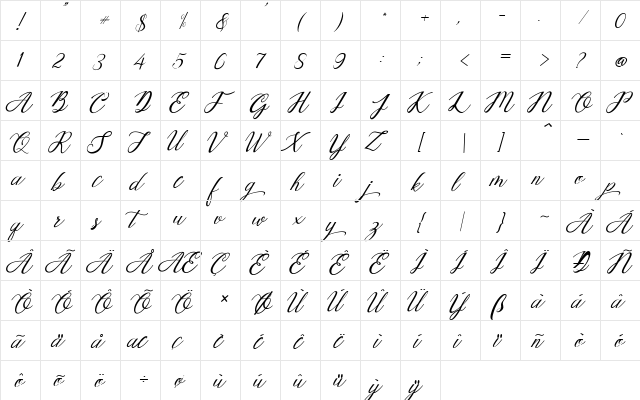 Mottingham Elegant Calligraphy Regular  glyph index