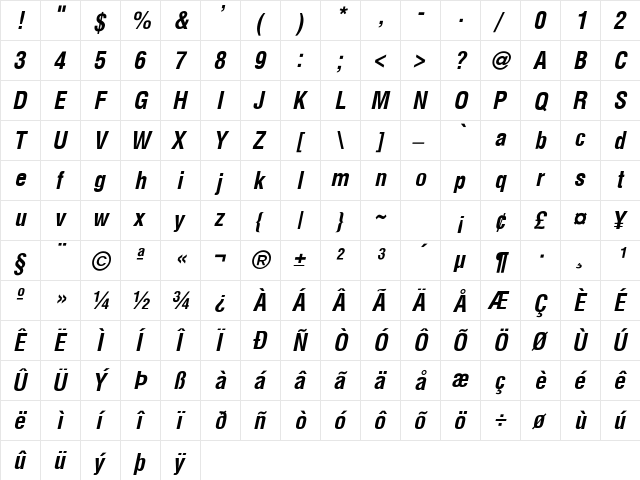 Helvetica_CondensedBoldItalic Regular  glyph index