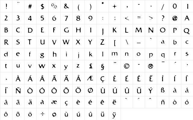 Bastard Regular  glyph index
