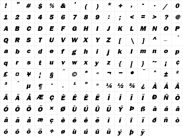 ITCFranklinGothic-Heavy HeavyItalic  glyph index