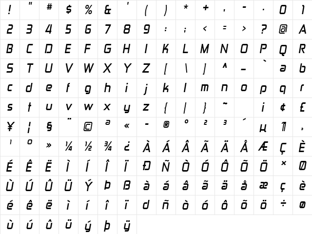 Zekton Rg Bold Italic  glyph index