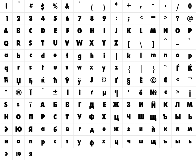 FuturaFuturisXCondC Regular  glyph index