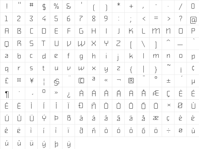 AlphavilleThin Regular  glyph index