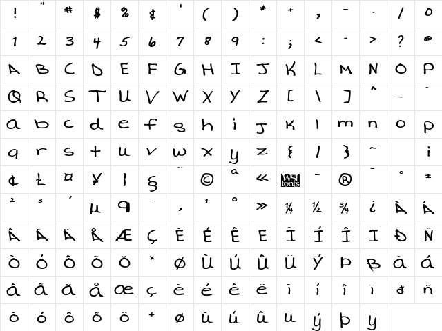 AverysHand Bold  glyph index