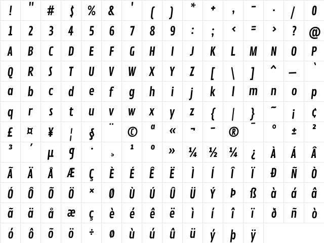 Contrail One Regular  glyph index