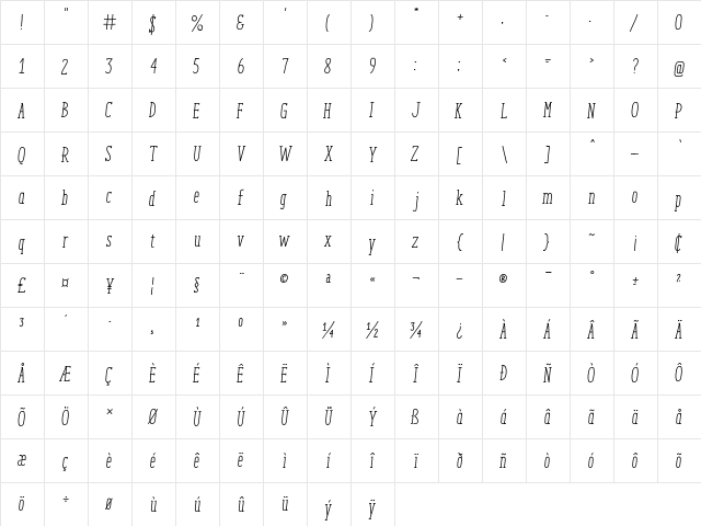 ENYO Serif Regular Italic Italic  glyph index