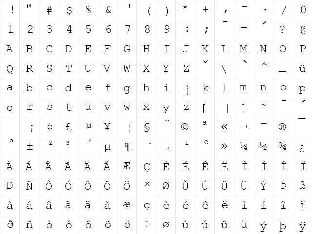 4KeyCourier Regular  glyph index