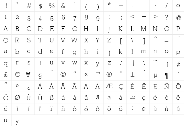 MKLatinLight Regular  glyph index