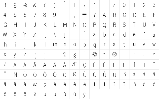 Lightline Gothic BQ Regular  glyph index