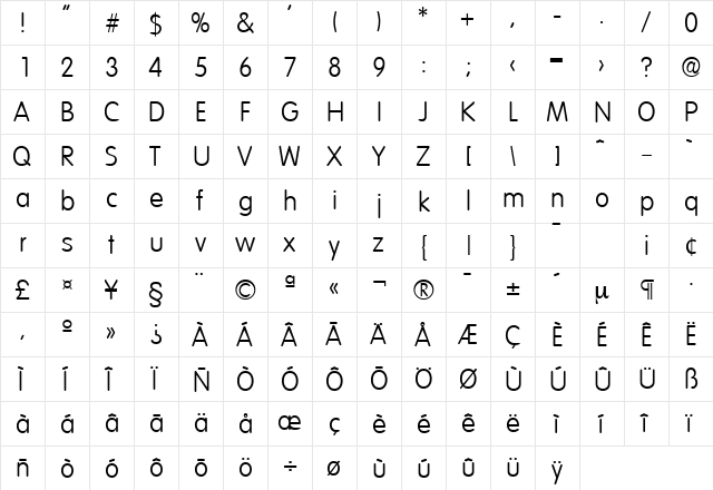 Volkswagen-Serial-Light Regular  glyph index