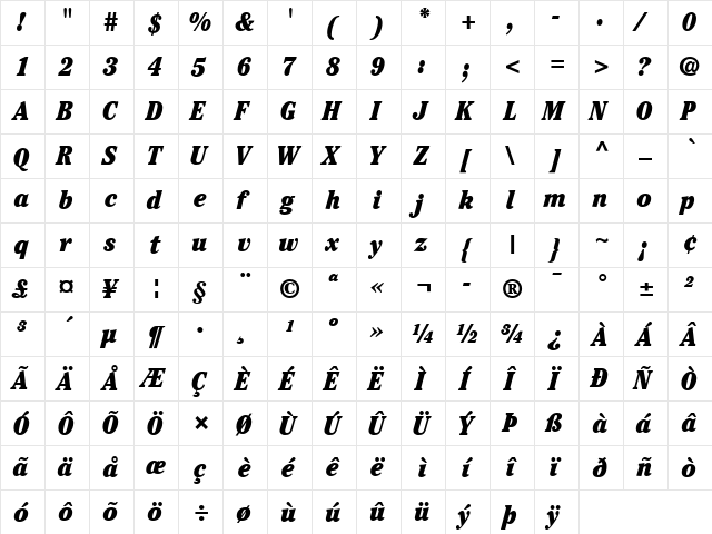 ITCCheltenham LT UltraCond Italic  glyph index