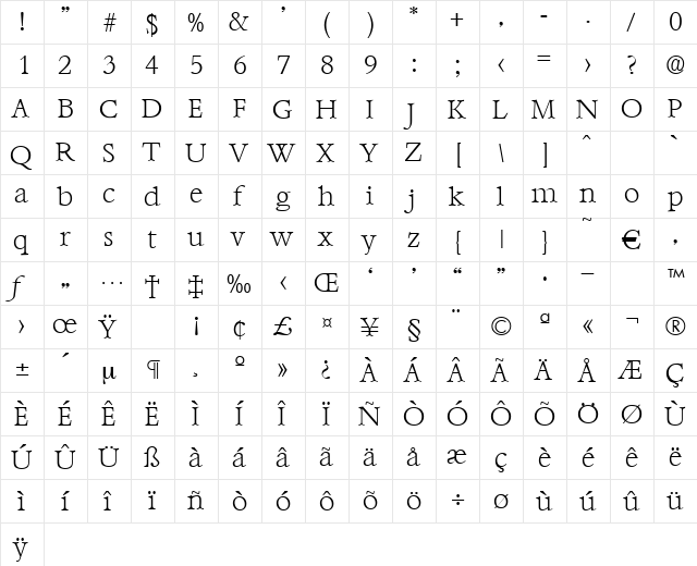 Bernstein-Xlight Regular  glyph index