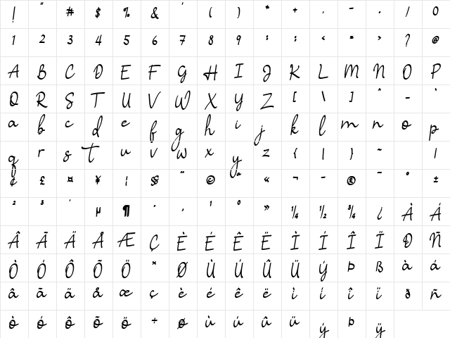 Hamuna Regular  glyph index