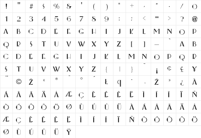 BeverlyHills Regular  glyph index