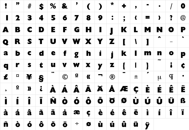 Chantilly-Heavy Regular  glyph index