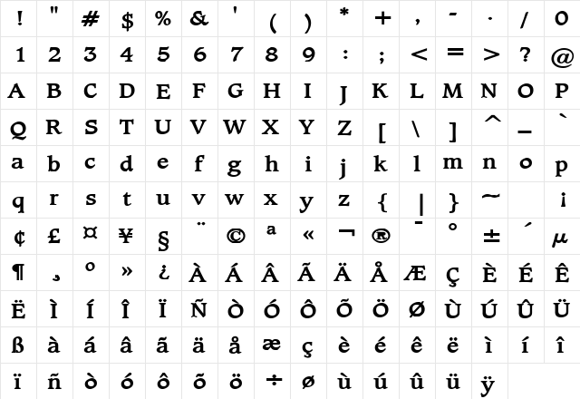 Clayton Wide Bold  glyph index