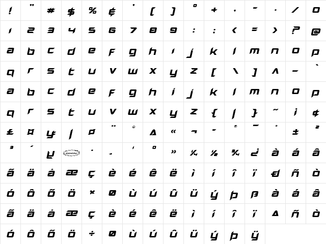 Hollow Point Expanded Italic Expanded Italic  glyph index