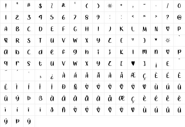 I Heart Summer Regular  glyph index