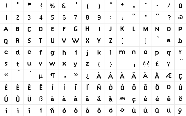 Simplex Bold  glyph index