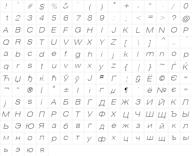 HeliosExtThin Regular  glyph index
