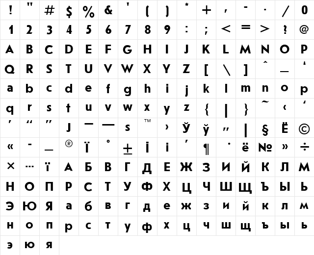 Journal SansSerif Bold  glyph index