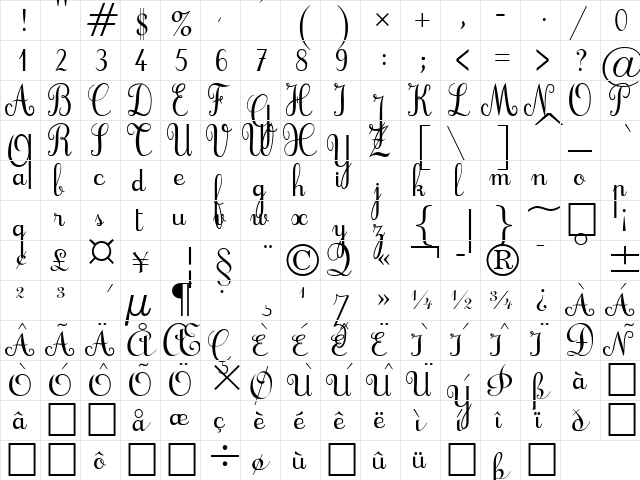 Cursif Regular  glyph index