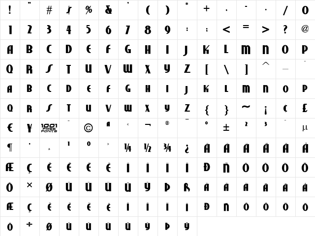 Studebaker NF Bold  glyph index