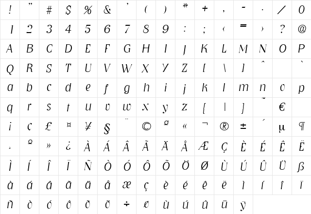 Nashville-XlightIta Regular  glyph index