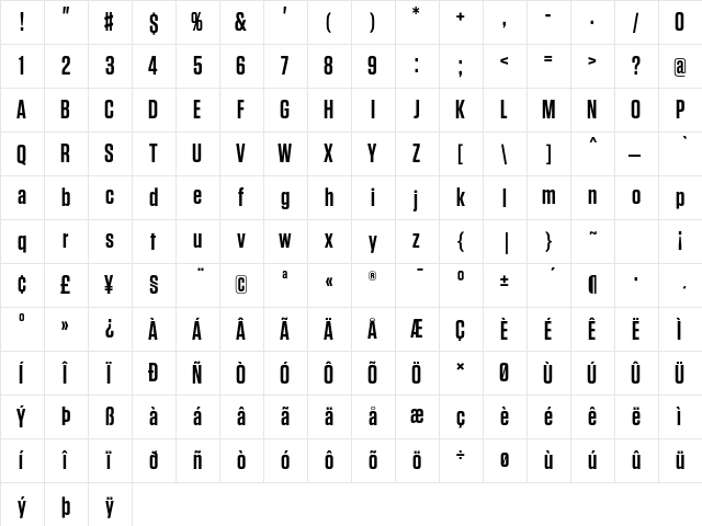 Tungsten Semibold  glyph index