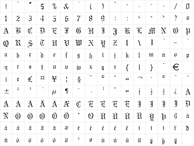 GregoryWide Normal  glyph index