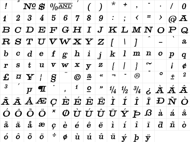 Golden Age Italic  glyph index