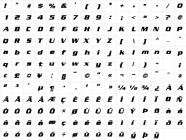 BoostSSK Bold Italic  glyph index