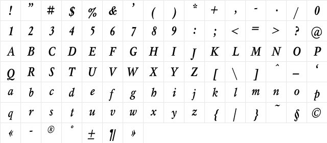 MyslNarrowC Bold Italic  glyph index