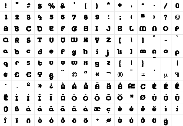 MexicoSerial-Heavy Regular  glyph index