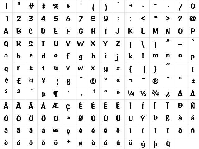 BRADDON Bold  glyph index