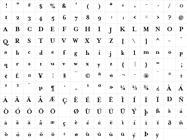 MrsEavesBold Bold  glyph index