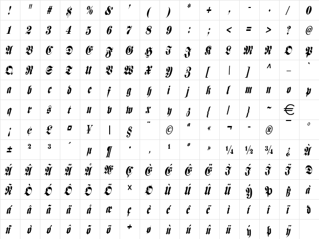 FrankCondensed Italic  glyph index