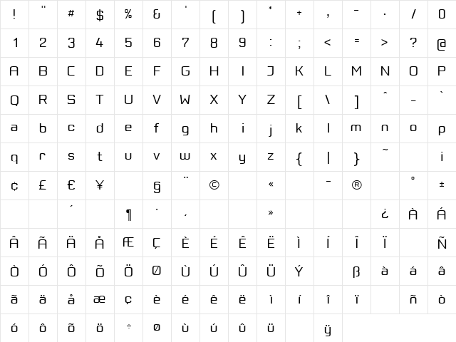 PositecLight Regular  glyph index