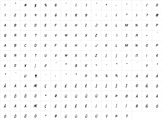 Inter-Bureau Condensed Italic Condensed Italic  glyph index