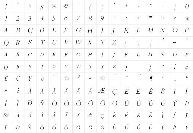FreightBigLightItalicSC Regular  glyph index