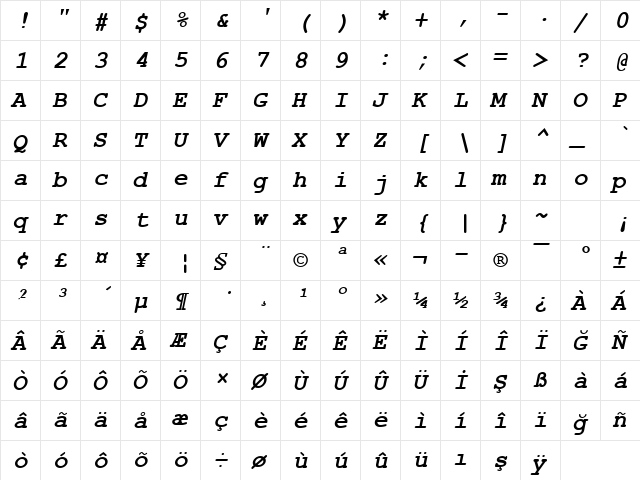 TR Courier New Bold Italic  glyph index