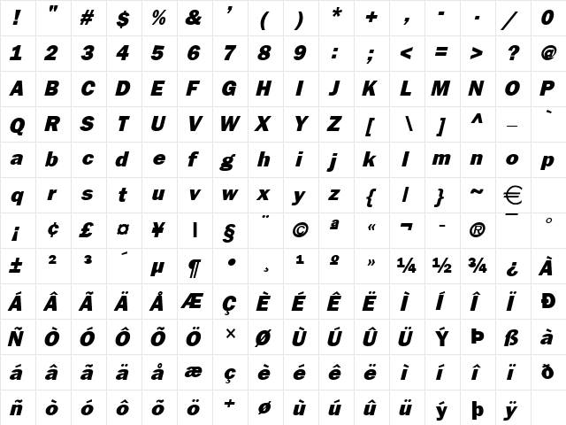 FrancisGothic Italic  glyph index