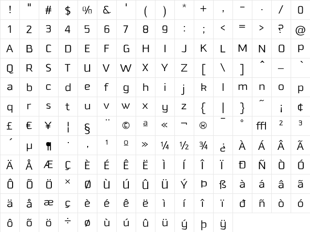 Downtempo Regular  glyph index